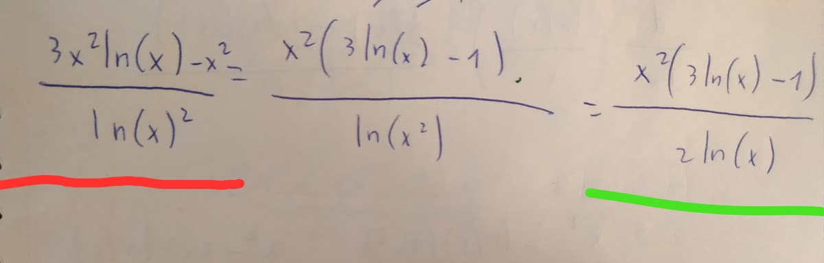 Nel calcolo della derivata d/dx(x^3/ln(x)) giungo al passaggio finale sottolineato in verde, raccogliendo la x^2, photomath invece per risolverla si ferma al passaggio sottolineato in rosso senza effettuare il raccoglimento parziale.  Sono uguali? Trascura